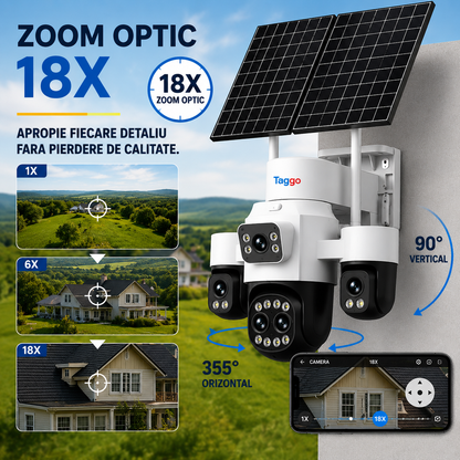 Camera supraveghere HiEasy 4K 4G cu eSIM, 20MP, 5 lentile, Zoom 18X, functie AOV, dublu panou solar, detectie umana AI, comunicare bidirectionala