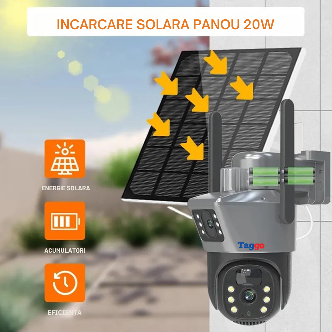 Camera Supraveghere 4G 4K Ultra HD, Dual Camera, Incarcare Solara Panou 20W, Rotire Din Aplicatie, Rezistenta La Apa IP 66, Card 64GB