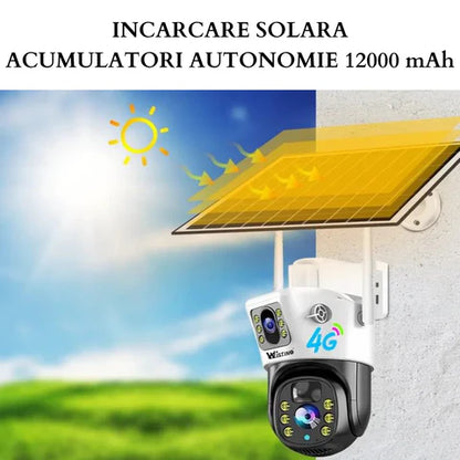 Camera Supraveghere 4G 4K Ultra HD, Dual Camera 8MP, Incarcare Solara, Rotire Din Aplicatie, Rezistenta La Apa IP 66