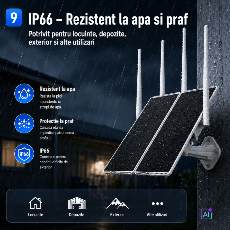 Router Solar 4G cu Panou Dublu de 30W, Acumulator de 30.000 mAh, Acoperire 300 Metri pentru camere IP de exterior