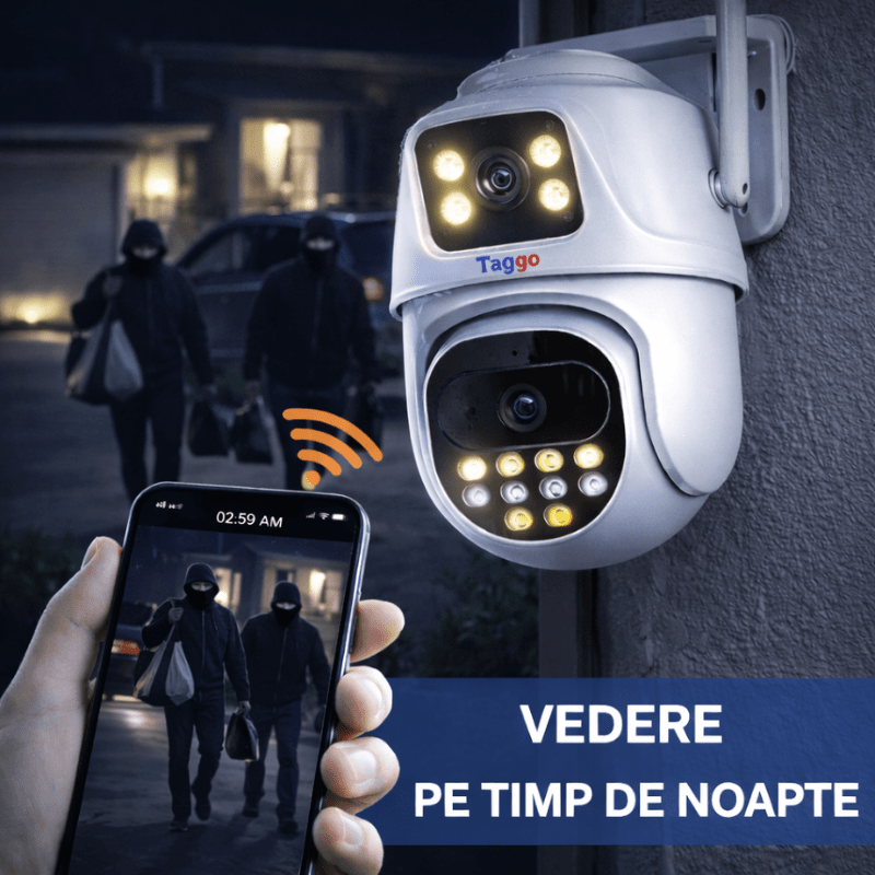 Camera de supraveghere WIFI 4K, 2 lentile, Control din aplicatie, Urmarire automata, Rezistenta la apa IP66