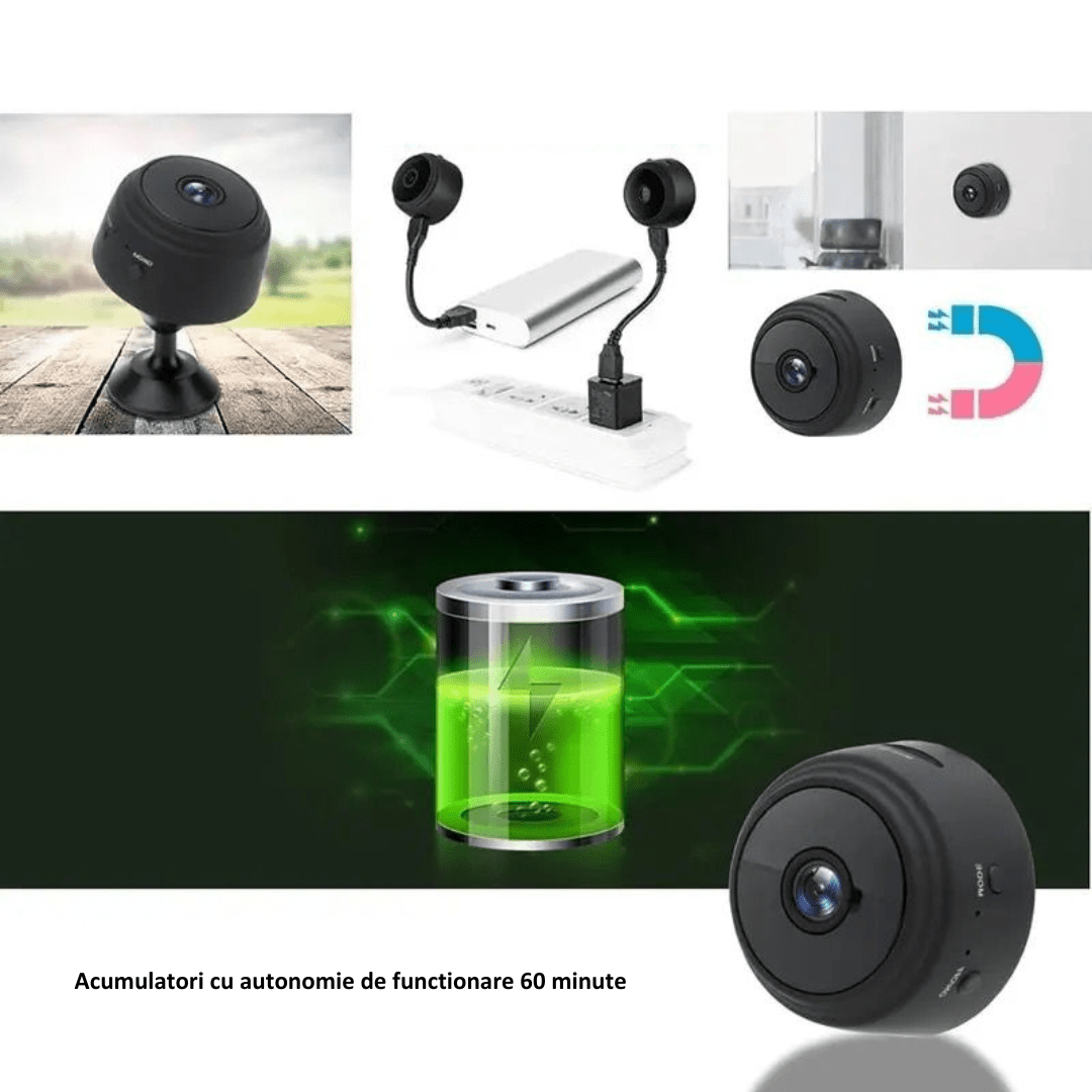 Mini cameră WiFi pentru interior 4K cu unghi de 150°, acumulator inclus, vizualizare și control prin aplicație telefon.