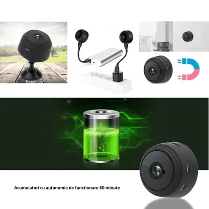 Mini cameră WiFi pentru interior 4K cu unghi de 150°, acumulator inclus, vizualizare și control prin aplicație telefon.