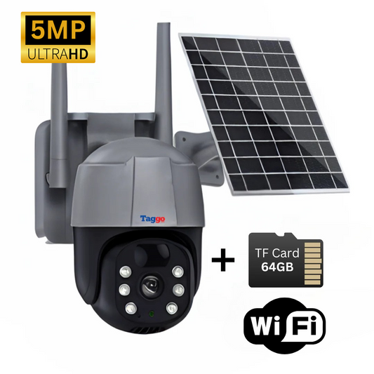 Camera de Supraveghere Solara WIFI 5 MP, Zoom 10X, Full HD 1080p, Panou Solar 9W Rezistenta La Apa IP 66, Gri, Card de memorie 64GB