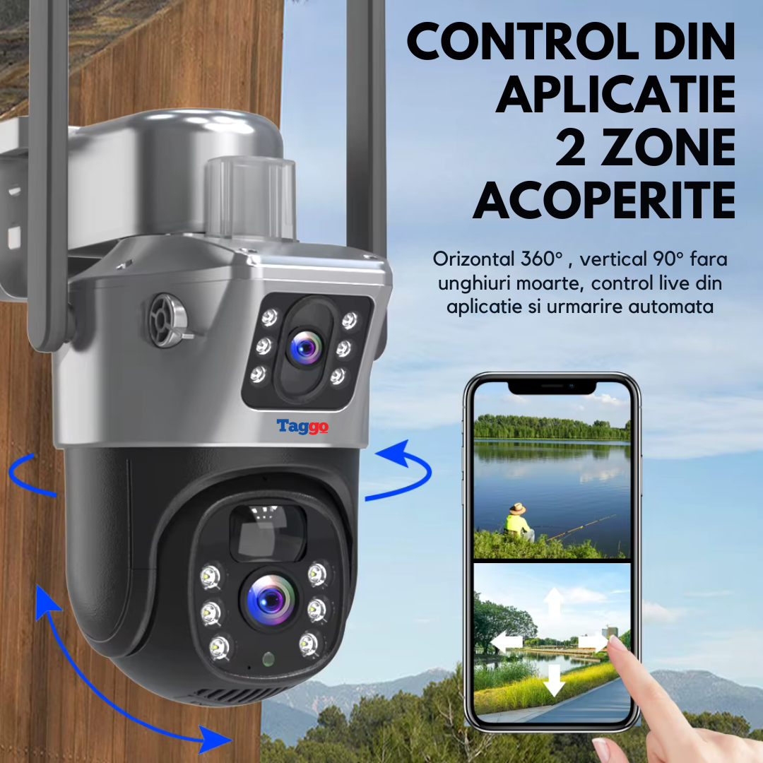 Camera Supraveghere 4G 4K Ultra HD, Dual Camera, Incarcare Solara Panou 20W, Rotire Din Aplicatie, Rezistenta La Apa IP 66, Card 64GB