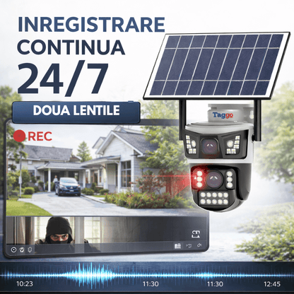 Camera Supraveghere Solara AOV 8MP 4G cu eSIM, 2 Lentile, Monitorizare 24/7, Full Color Noaptea, Alb