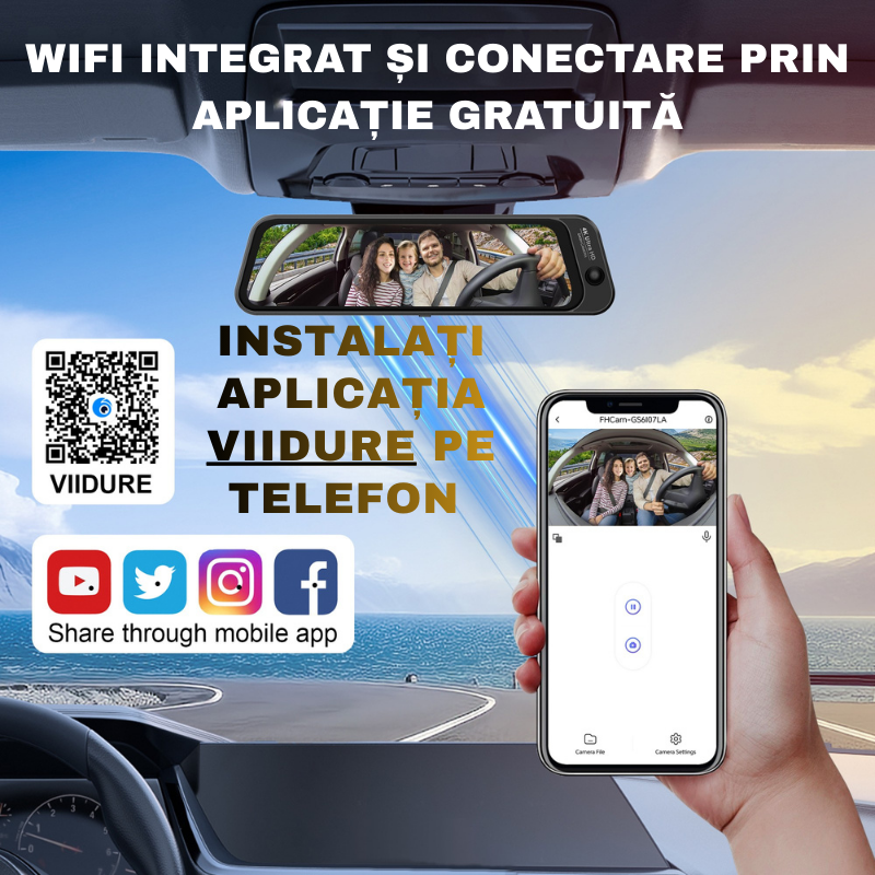 Oglinda Retrovizoare DVR S16 4K, cu 3 Camere (Fata + Interior + Spate ), Ecran 9.66”, WiFi