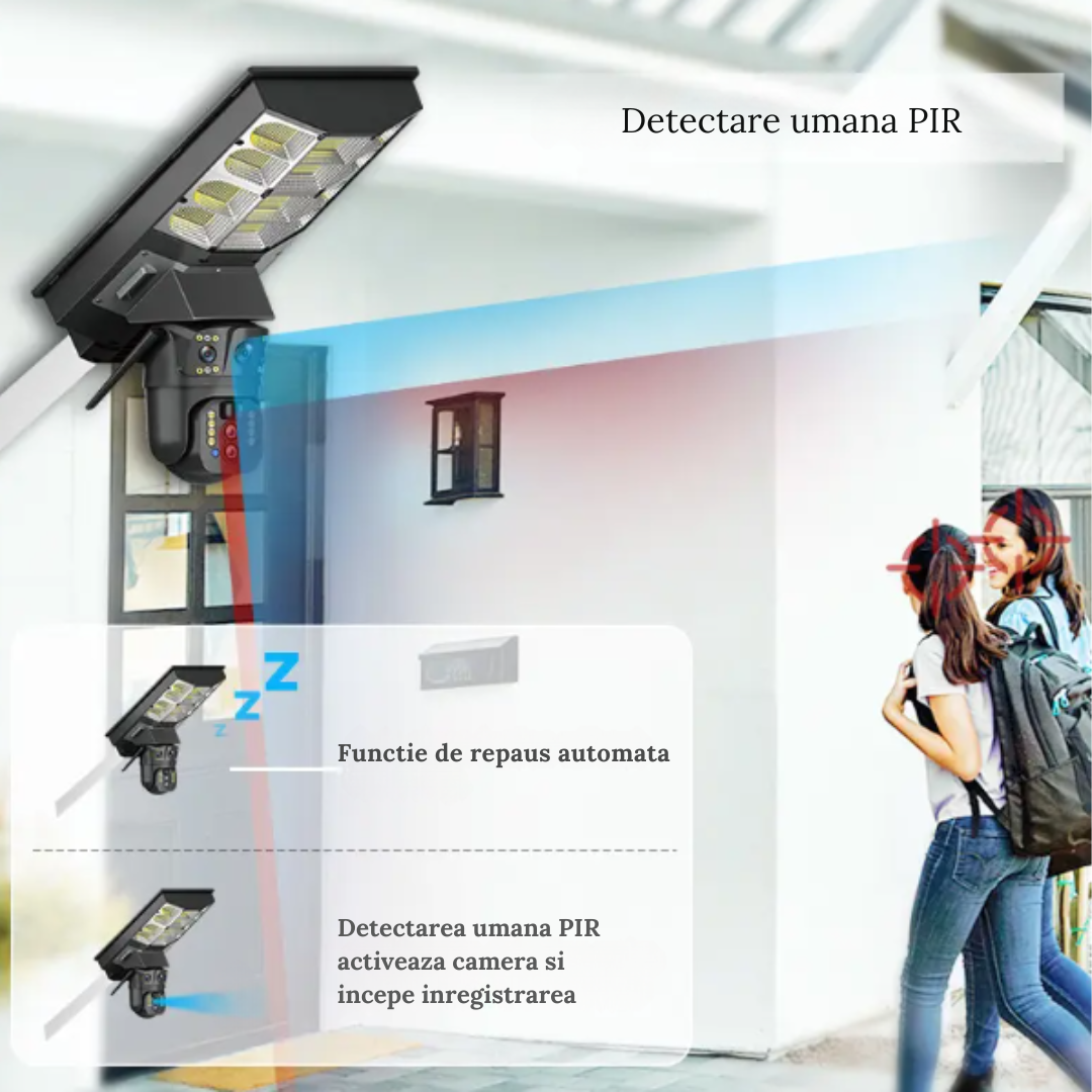 Lampa stradala cu camera 4G si incarcare solara, 8MP cu Vedere Nocturna, Zoom 10X,Urmarire Automata si Comunicare Bidirectionalal