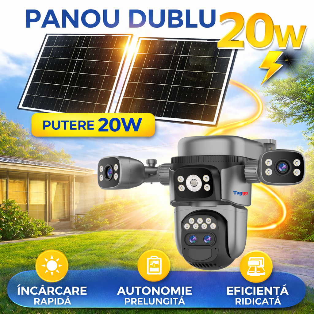 Camera de supraveghere 4G 4K 12MP Crocodil AOV cu panou solar dublu, 4 lentile, zoom optic 10x, comunicare bidirectionala, senzor detectie PIR, viziune nocturna, rezistenta la apa