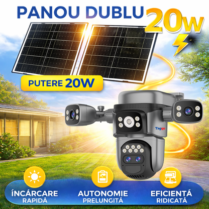 Camera de supraveghere 4G 4K 12MP Crocodil AOV cu panou solar dublu, 4 lentile, zoom optic 10x, comunicare bidirectionala, senzor detectie PIR, viziune nocturna, rezistenta la apa