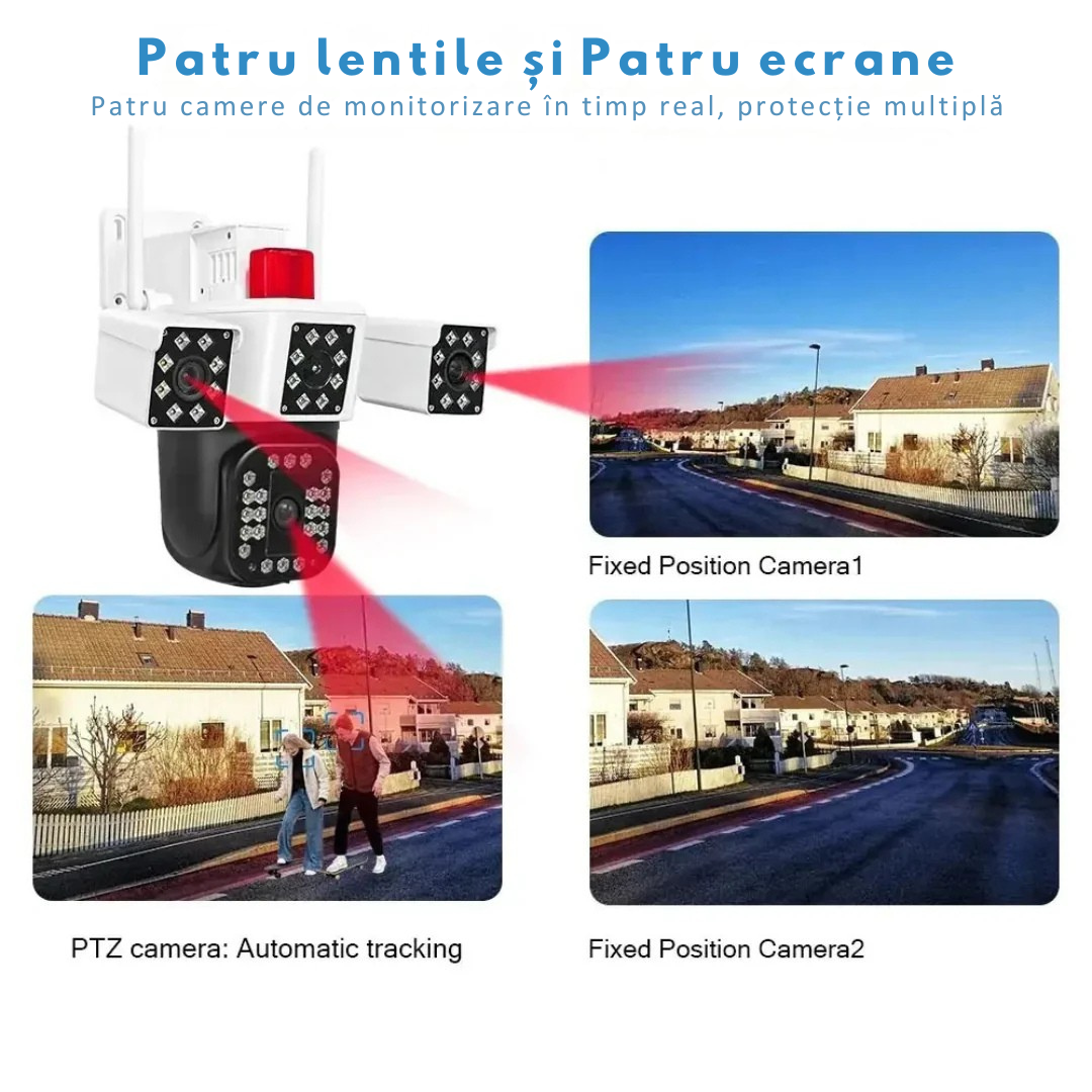 Camera de supraveghere WIFI 6K, 12MP, 4 lentile, ZOOM 10X,  Control din aplicatie, Comunicare bidirectionala, Urmarire automata, Multi lens