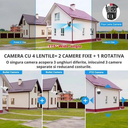 Camera de supraveghere Zoom 10X, WIFI 8K, 16MP, 4 lentile, Control din aplicatie, Comunicare bidirectionala, Urmarire automata, Card 128GB