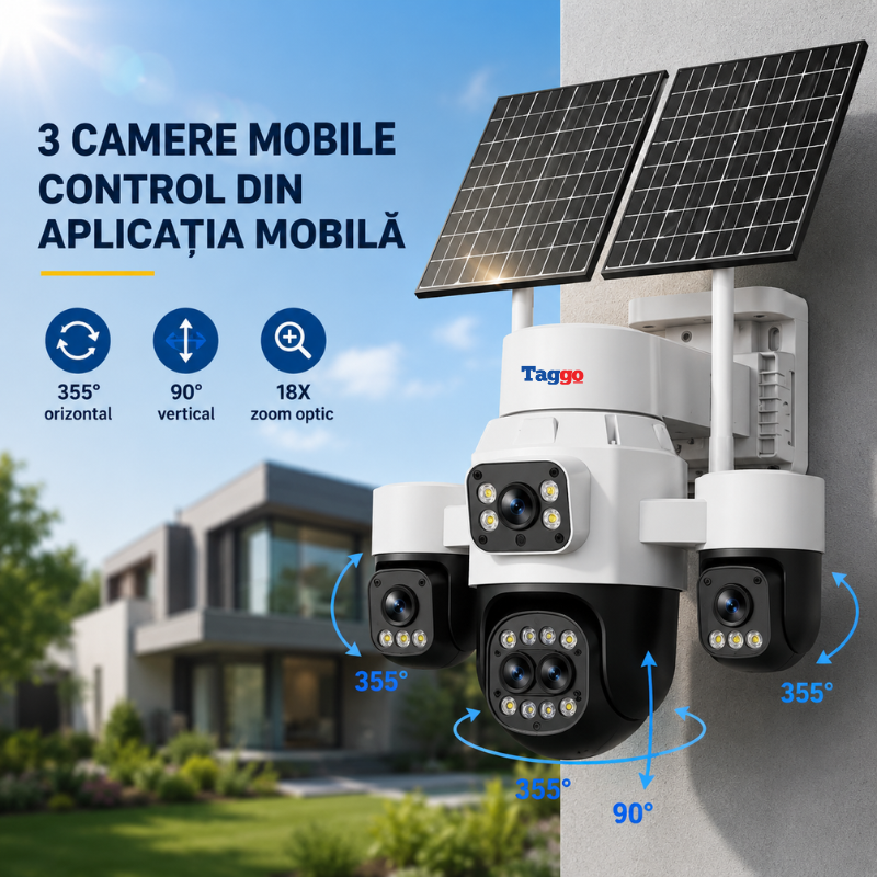 Camera supraveghere HiEasy 4K 4G cu eSIM, 20MP, 5 lentile, Zoom 18X, functie AOV, dublu panou solar, detectie umana AI, comunicare bidirectionala