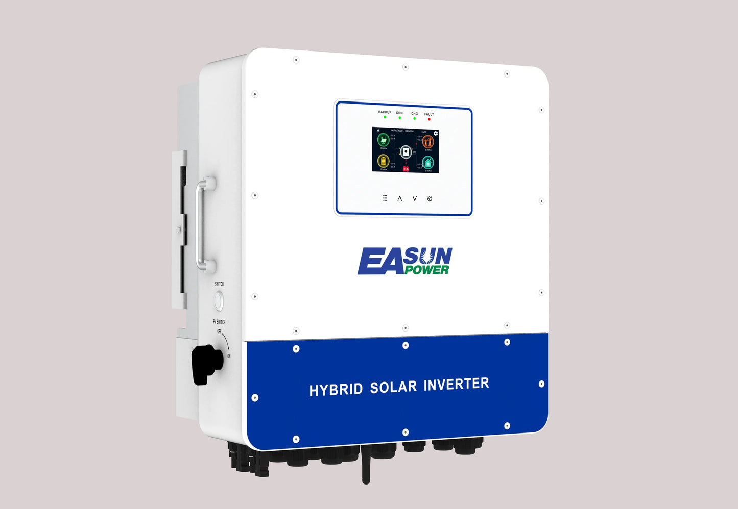 Invertor solar hibrid EASUN 6kW 48V IP65 – tehnologie baterie-catre-retea, Dual MPPT, intrare/iesire AC dubla, paralelizare pana la 6 unitati (sistem trifazic), WiFi
