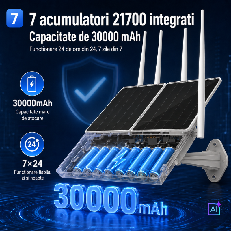 Router Solar 4G cu Panou Dublu de 30W, Acumulator de 30.000 mAh, Acoperire 300 Metri pentru camere IP de exterior