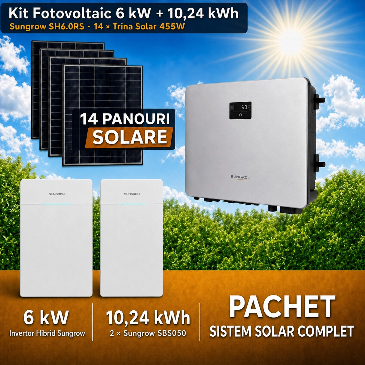 Sistem Fotovoltaic Complet 6 kW cu 16 Panouri Trina Solar 455W + Invertor Hibrid Sungrow 6 kW Monofazat + Stocare LiFePO4 10.24 kWh