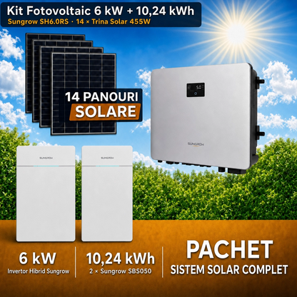 Sistem Fotovoltaic Complet 6 kW cu 16 Panouri Trina Solar 455W + Invertor Hibrid Sungrow 6 kW Monofazat + Stocare LiFePO4 10.24 kWh