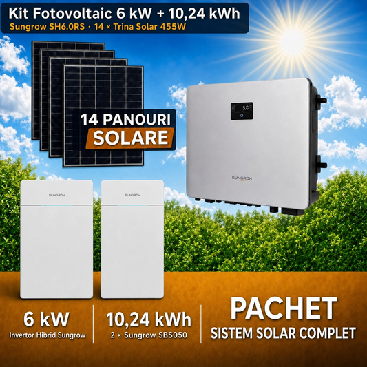 Sistem Fotovoltaic Complet 6 kW cu 16 Panouri Trina Solar 455W + Invertor Hibrid Sungrow 6 kW Monofazat + Stocare LiFePO4 10.24 kWh