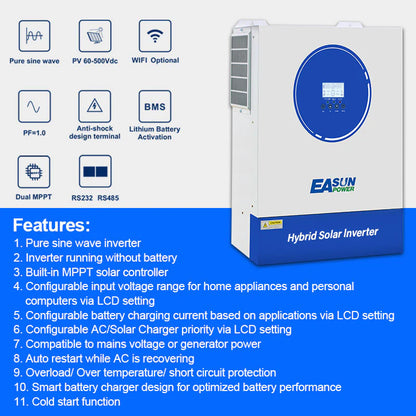 Invertor Off-Grid EASUN 11kW 48V cu MPPT 120A/160A, WiFi Integrat, Functionare Fara Baterii