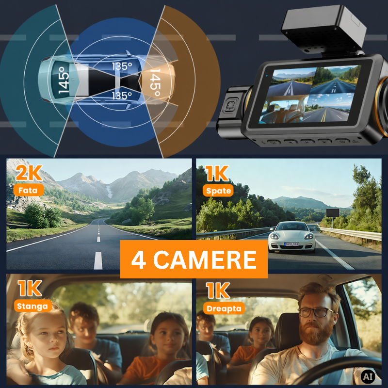 Camera de bord Crocodil 2K Conexiune 4G, 4 Camere, Monitorizare parcare 24h, GPS,  Ecran 3 inch