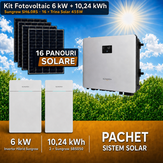 Sistem Fotovoltaic 6 kW cu 16 Panouri Trina Solar 455W + Invertor Hibrid Sungrow 6 kW Monofazat + Stocare LiFePO4 10.24 kWh