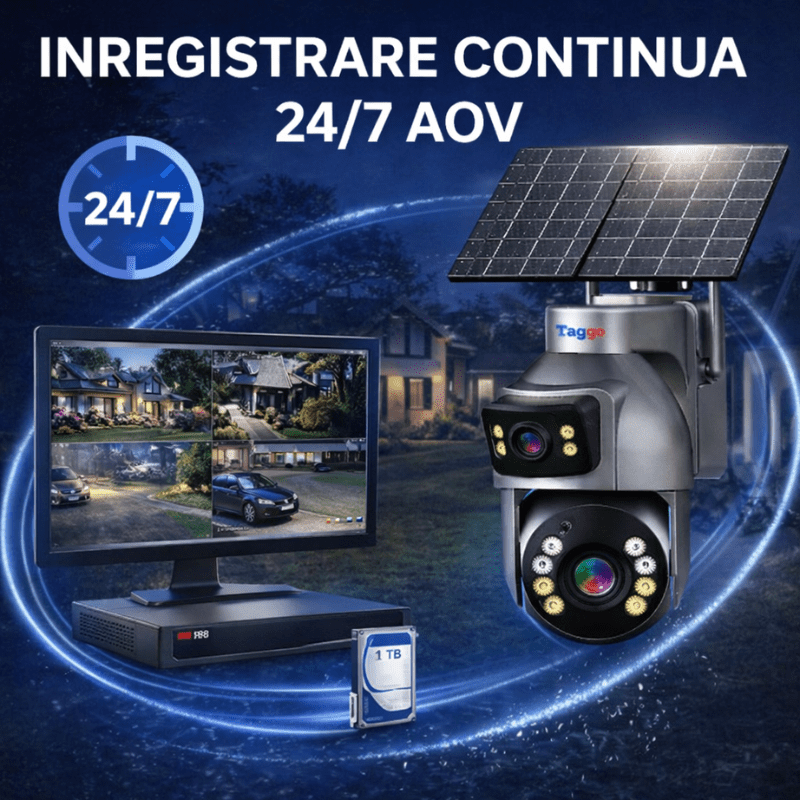 Camera Supraveghere cu Panou Solar Dublu TAGGO pentru exterior, conexiune 4G 4K, Inregistrare Continua AOV, Zoom Optic 36x