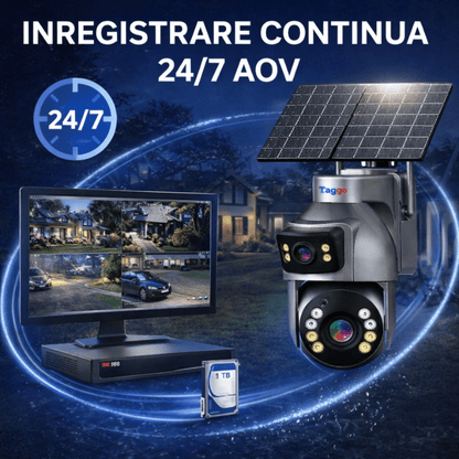 Camera Supraveghere cu Panou Solar Dublu TAGGO pentru exterior, conexiune 4G 4K, Inregistrare Continua AOV, Zoom Optic 36x
