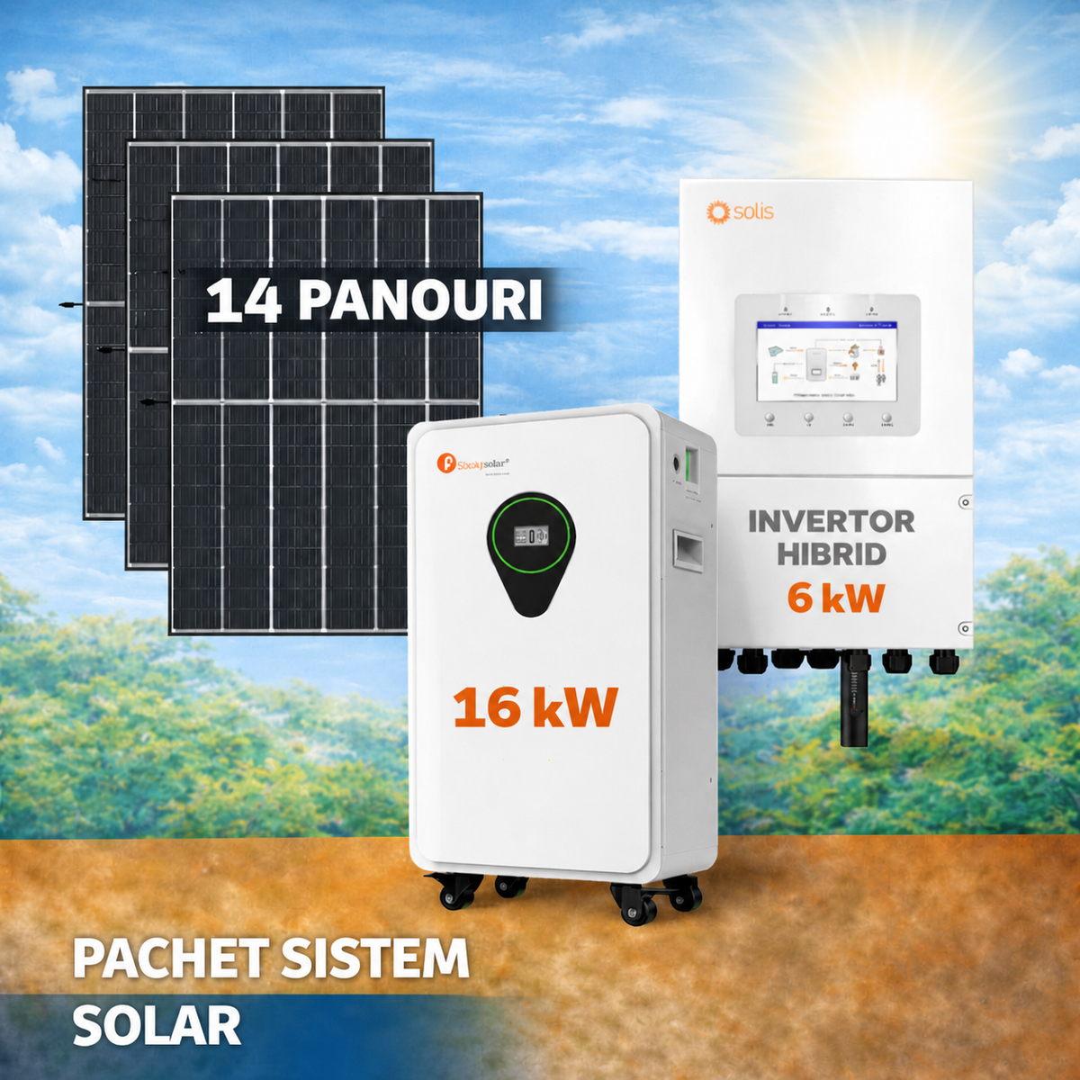 Sistem Fotovoltaic 6.37 kW cu 14 Panouri Solare + Invertor Solis 6 kW Monofazat + Stocare LiFePO4 16 kWh