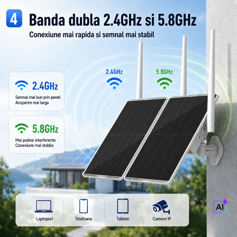 Extender WiFi Solar pentru Exterior, Raza de Acoperire 300 Metri, Panou Solar Dublu 30W, Acumulator 30000mAh, Dual Band 2.4GHz si 5GHz, pentru Camere de Supraveghere IP