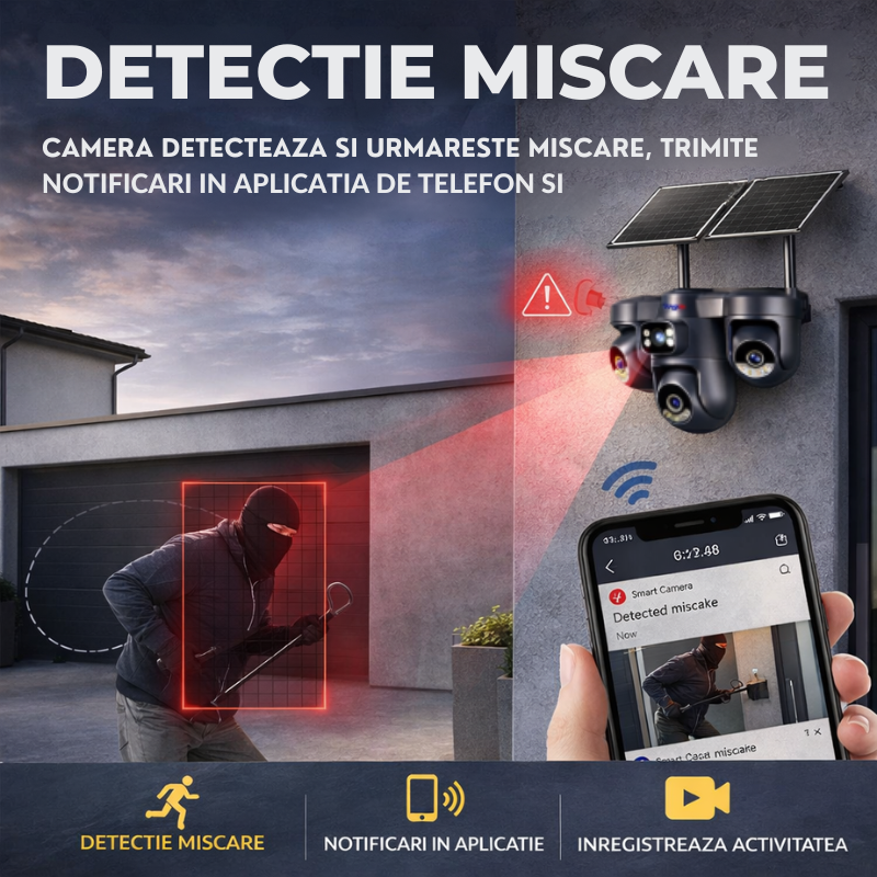 Camera de supraveghere 4G cu dublu panou solar, 12MP, 4 lentile, functie AOV, comunicare bidirectionala, detectie umana AI