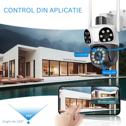 Camera de supraveghere WIFI 3K, 8MP, 3 lentile, Urmarire automata, Control din aplicatie, Rezistenta la apa