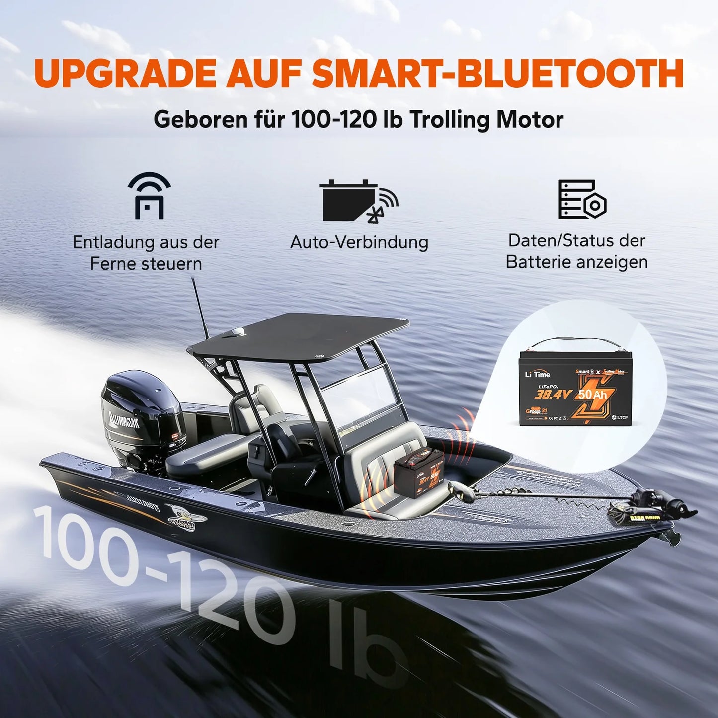 Baterie LiTime 36V 50Ah LiFePO4 cu Bluetooth – Deep Cycle, Group 31, pentru Trolling Motor 120lb si Marine