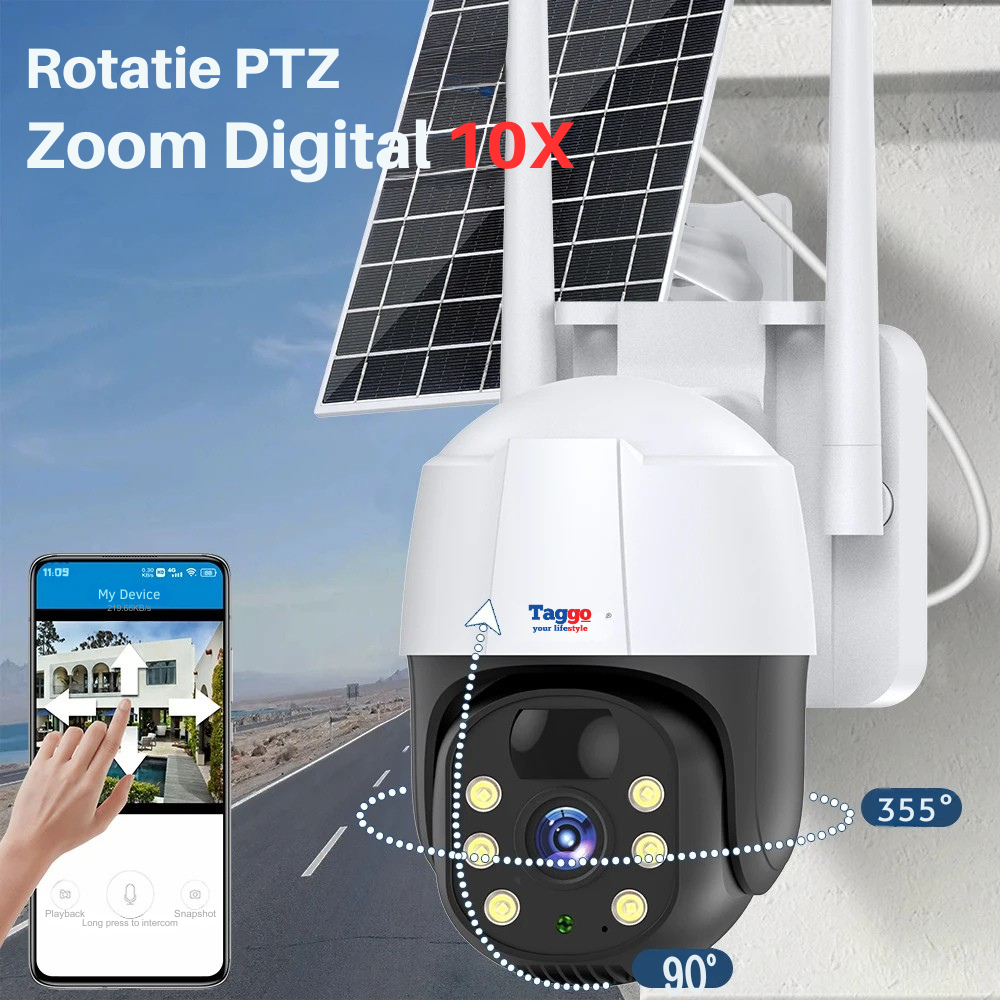 Camera de Supraveghere Solara Exterior 4G Cartela SIM 5 MP, Zoom 10X, Full HD, Panou Solar 10W Rezistenta La Apa IP 66 + Card 64GB