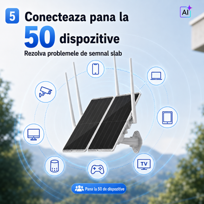 Router Solar 4G cu Panou Dublu de 30W, Acumulator de 30.000 mAh, Acoperire 300 Metri pentru camere IP de exterior