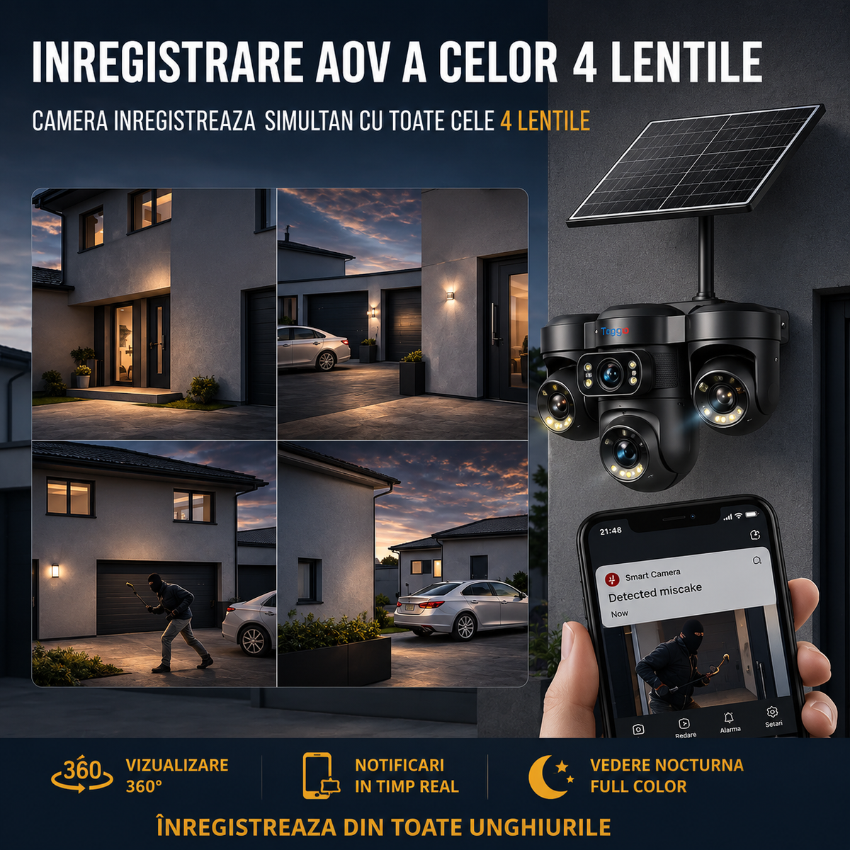 Cameră Supraveghere 4G Solară 360° 12MP AOV | O-KAM Pro