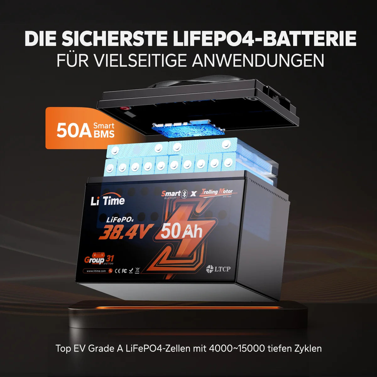 Baterie LiTime 36V 50Ah LiFePO4 cu Bluetooth – Deep Cycle, Group 31, pentru Trolling Motor 120lb si Marine