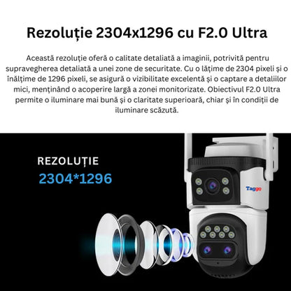 Camera Supraveghere 4G, 9MP, 3 Lentile, Zoom 10x, Rezistenta la apa, Acoperire vizuala  360°
