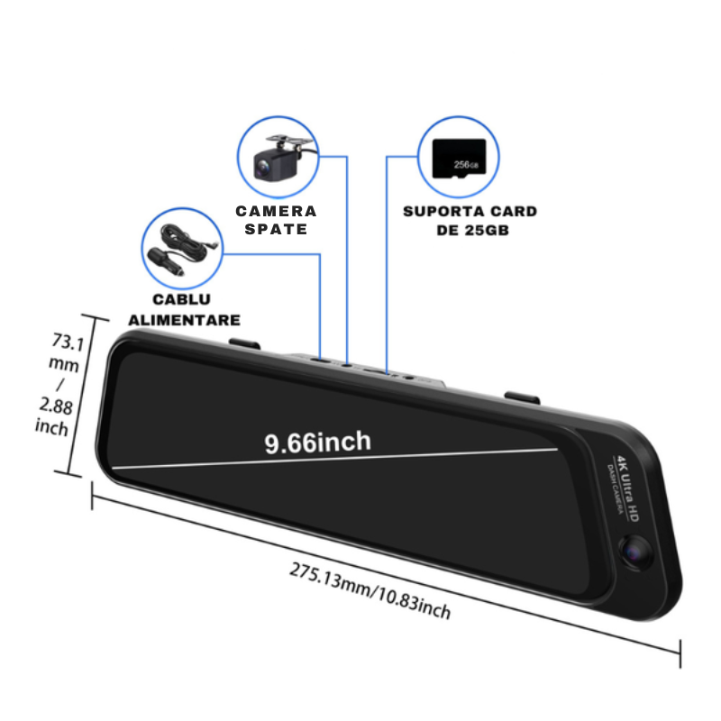 Oglinda Retrovizoare DVR S16 4K, cu 3 Camere (Fata + Interior + Spate ), Ecran 9.66”, WiFi