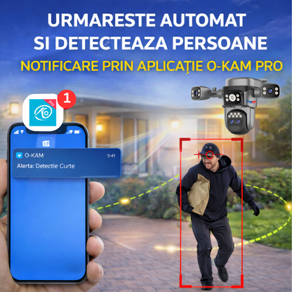 Camera de supraveghere 4G 4K 12MP Crocodil AOV cu panou solar dublu, 4 lentile, zoom optic 10x, comunicare bidirectionala, senzor detectie PIR, viziune nocturna, rezistenta la apa