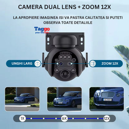 Camera Supraveghere WIFI 4K Ultra HD, Dual Lens, 12X ZOOM, Incarcare Solara, Rotire Din Aplicatie, Rezistenta La Apa IP 66