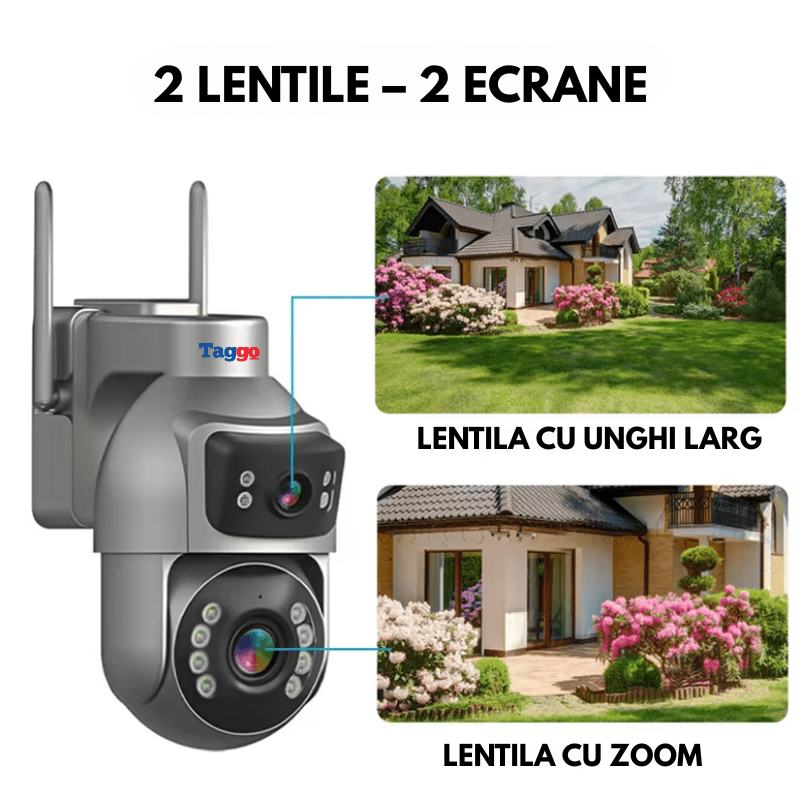 Camera Supraveghere cu Panou Solar Dublu TAGGO pentru exterior, conexiune 4G 4K, Inregistrare Continua AOV, Zoom Optic 36x