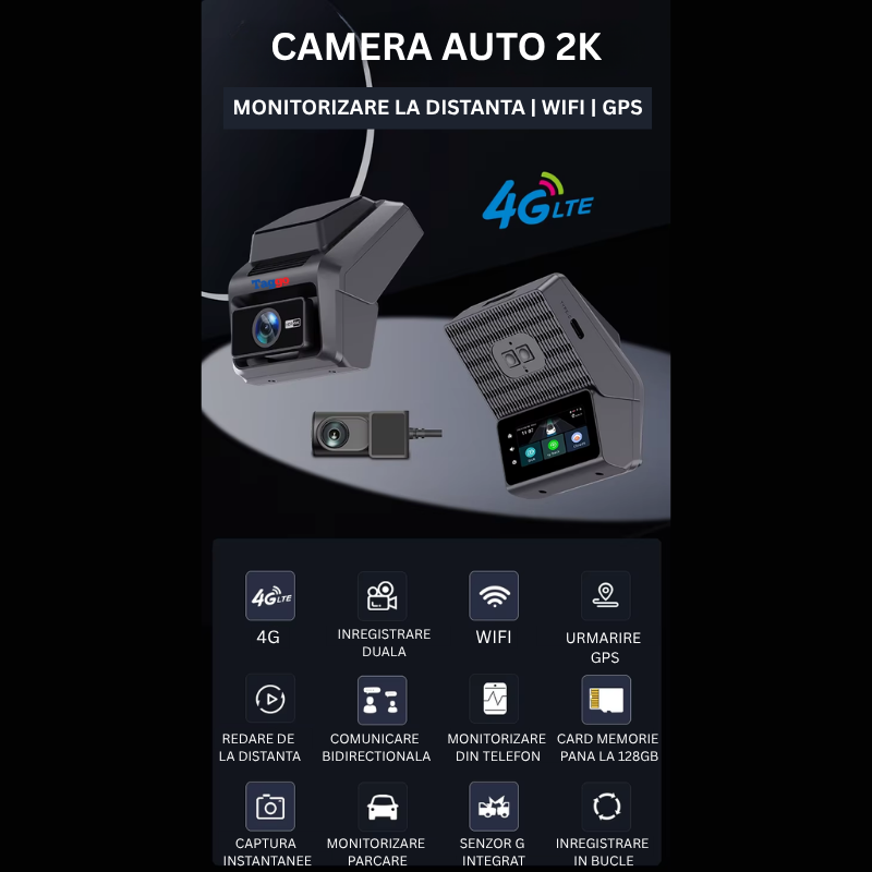 Camera Auto 2K, Conexiune 4G, Fata+Spate, DVR Auto,  Functie GPS, Monitorizare Traseu