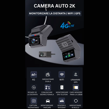 Camera Auto 2K, Conexiune 4G, Fata+Spate, DVR Auto,  Functie GPS, Monitorizare Traseu