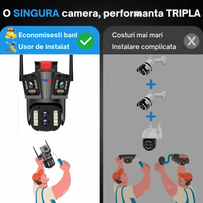 Camera de supraveghere Zoom 10X, WIFI 8K, 16MP, 4 lentile, Control din aplicatie, Comunicare bidirectionala, Urmarire automata, Card 128GB