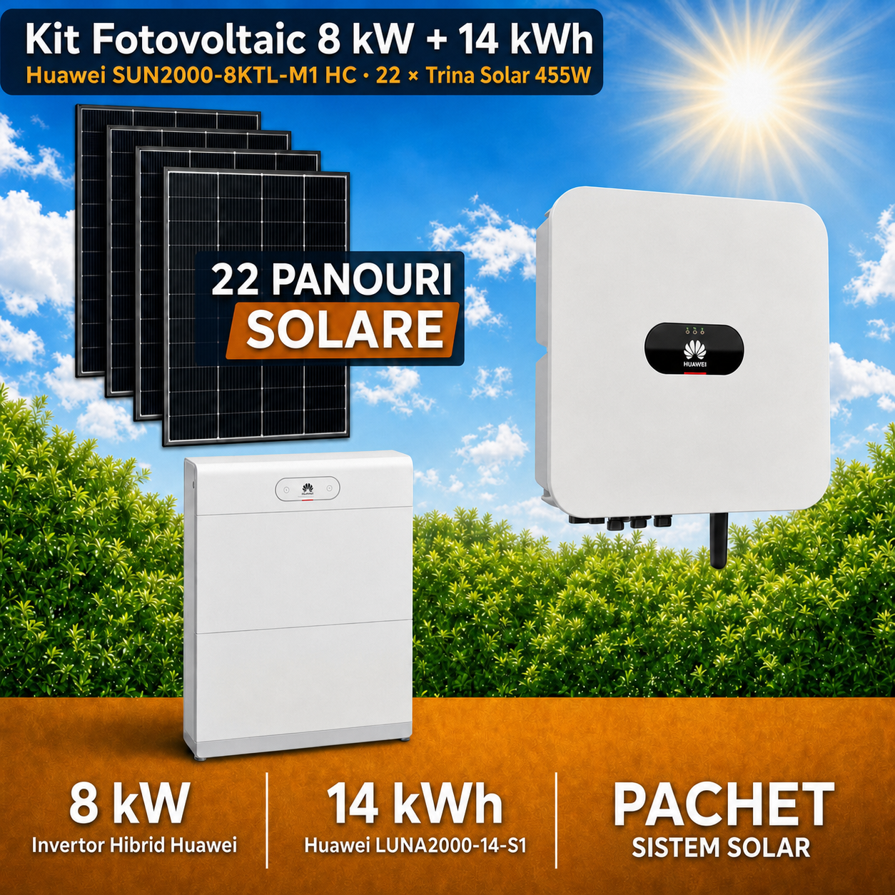 Sistem Fotovoltaic 8 kW cu 22 Panouri Trina Solar 455W + Invertor Hibrid Huawei 8 kW Trifazat + Stocare LiFePO4 14 kWh