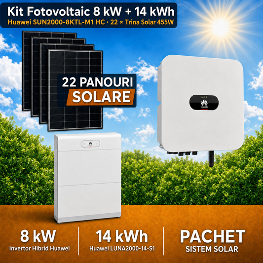 Sistem Fotovoltaic 8 kW cu 22 Panouri Trina Solar 455W + Invertor Hibrid Huawei 8 kW Trifazat + Stocare LiFePO4 14 kWh