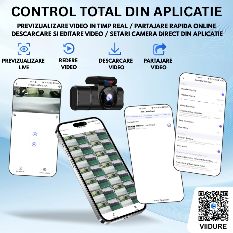 Camera auto Tripla TAGGO WIFI Fata 4K + Interior 1080p + Spate 1080p, Monitorizare Parcare 24h