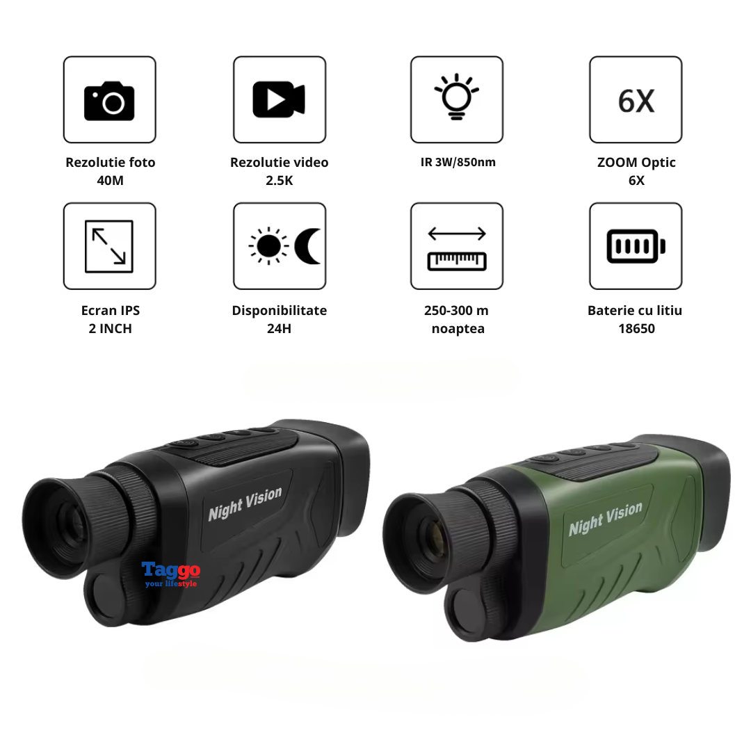 Monocular Digital Profesional cu Night Vision de Vanatoare 4K, Zoom 8X, Ecran LCD, Acumulator, Verde - Taggo.ro