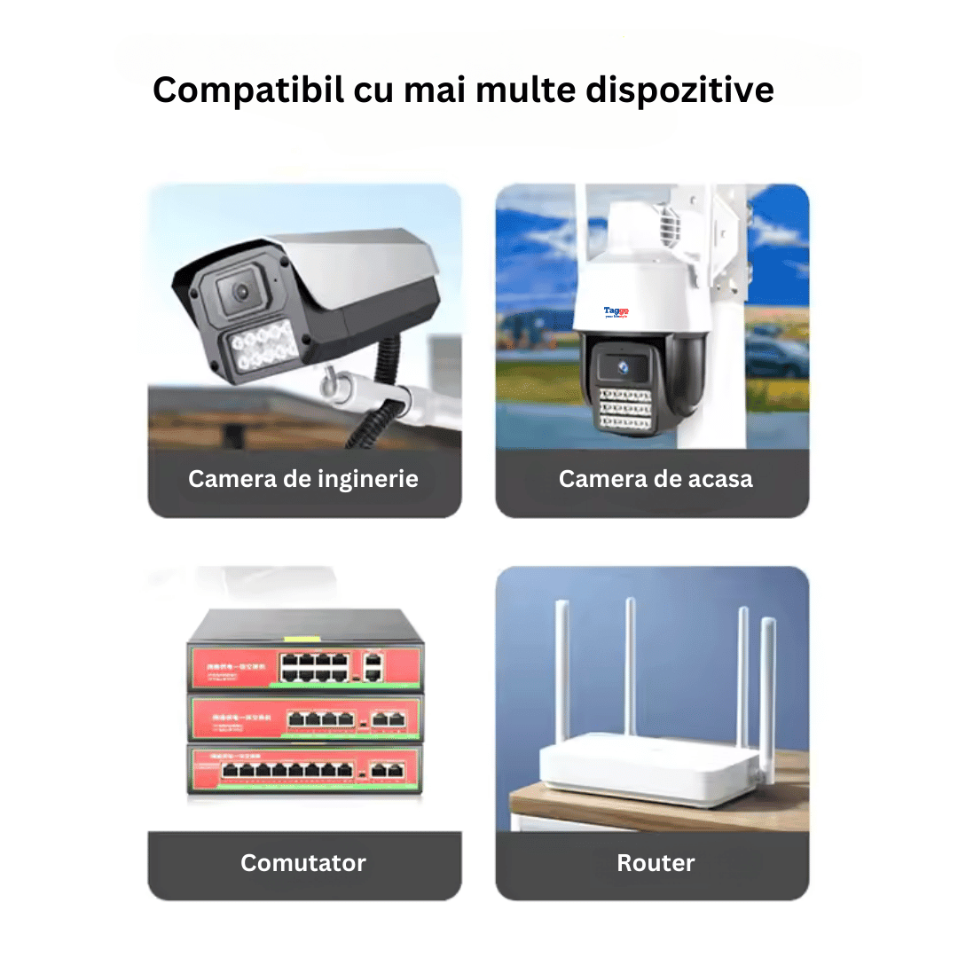 Alimentator UPS 12V Taggo.ro cu baterie 3600mAh, protecție la suprasarcină, supratensiune și scurtcircuit, pentru alimentare sigură.
