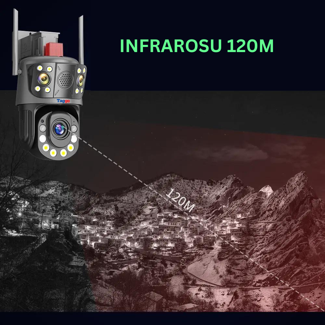 Camera de supraveghere WIFI 4K, Zoom 100X, 2 lentile, Control din aplicatie, Detectie umana, Rezistenta la apa IP66